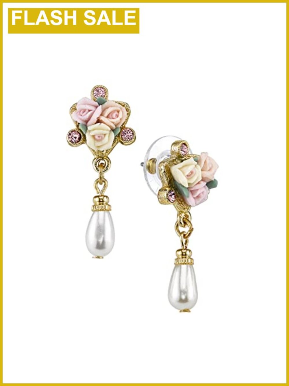 Porcelain Rose Pink Crystal Faux Pearl Drop Post Earrings Gold Tone